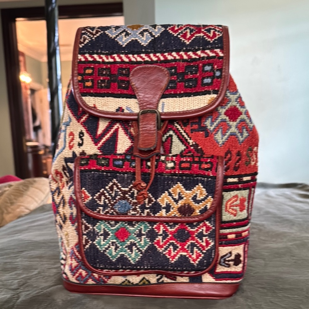 Red and Black Ethnic Pattern Backpack with Drawstring Closure